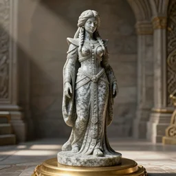masterwork smooth granite statue depicting a beautiful ancient dwarven queen with long braided hair, on a golden pedestal in the middle of a worked stone room, highly detailed, intricate, realistic, soft lighting, sunshafts, artstation, dungeons and dragons, sharp focus