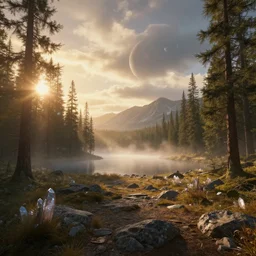 epic crystalline forest with a lake, golden hour, misty ground, rocky ground, distant mountains, atmospheric perspective, altostratus clouds, planets, rooster cinematic, 3 5 mm lens, anamorphic lens flare, photographic, octane render, cinematography by roger deakins, in the style of ansel adams