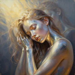 3 d, close - up, sleepy fashion model, liquid metal, morning, sun rays, poster art, hyper detail, intricate oil painting, multiple exposure, 3 d, by tooth wu and wlop and beeple and greg rutkowski