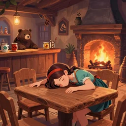 girl fall head on the table, in fantasy tavern near fireplace, behind bar deck with bear mugs, medieval dnd, colorfull digital fantasy art, 4k