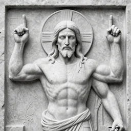 muscular gigachad benediction, gigachad jesus, two fingers pointing to heaven, stone relief, holy iconography, grayscale