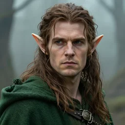 masterpiece closeup portrait of an elf druid in a green cloak with messy brown hair by Greg Rutkowski, 4k, masterpiece, cinematic, dungeons and dragons, detailed