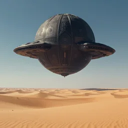 Wide long shot epic desert scenery, on the distant horizon hovers a colossal ornately detailed futuristic perfectly spherical dark spaceship, sharp focus, illustration, bokeh art by artgerm and donato giancola and Joseph Christian Leyendecker