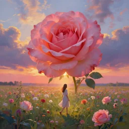 giant rose as a head, girl walking in a flower field, surreal photography, sunrise dramatic light, impressionist painting, colorful clouds, digital painting, artstation, simon stalenhag