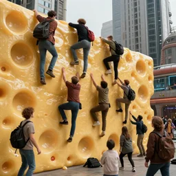 a gathering of people trying to escape a dystopian city by climbing over a huge wall of mac n' cheese. still frame from a sci-fi movie.