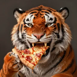 portrait of tony the tiger opening his mouth to eat pizza, highly detailed, digital painting, artstation, concept art, sharp focus, illustration, art by artgerm and greg rutkowski and alphonse mucha