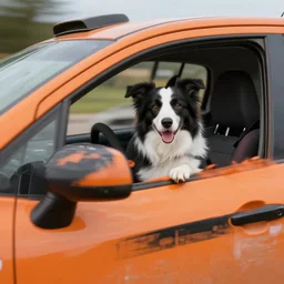 border collie dog in the driver's seat of an orange nissan note, paws on wheel, car moving very fast, rally driving photo, award winning photo, golden hour, front of car angle, extreme horizontal background blur, 3 0 0 mm lens