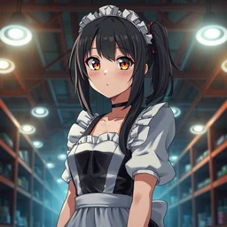brutal high - contrast illustration of anime maid standing inside a warehouse of industrial lights, beautiful upper body shot, pretty face and eyes by davinic, pixiv contest winner, hard lighting