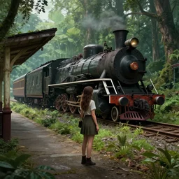 Matte painting art of girl standing at the old train station, old steam train standing on the tracks, fantasy dense forest with a lot of detail, the tracks covered with vegetation, highly detailed, 4k, 8k resolution, trending on artstation, octane render, unreal engine, cinematic