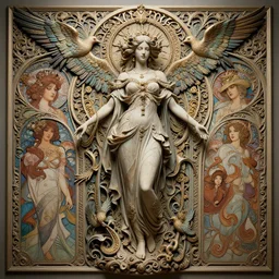 a beautiful intricate 3 d beatutifull godess with birds, ultra - wide angle, ornate, elagant, highly detailed, photorealistic, octane render, 8 k, unreal engine, by william turner, by victo ngai, by alphonse mucha, by miho hirano, by moebius, hd, trending on artstation, hyper detailed, muted intense colors