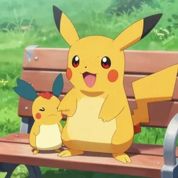 a leavanny! bug pokemon! with red eyes! holding a sewaddle sitting on a bench