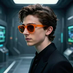 portrait of Timothee Chalamet in MATRIX, portait photo, profile picture, hyperrealistic, concept art, orange sunglasses, matrix room, octane render, unreal engine 5, digital art, high quality, highly detailed, 8K, cute, defined face, black suit, trending on DeviantArt