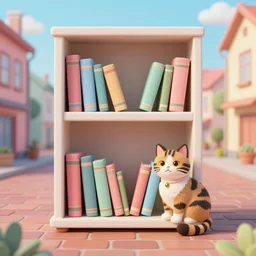 bookshelf with a peckled cat, brick streets, nordic pastel colors, 3 d art, digital illustration, perfect lighting