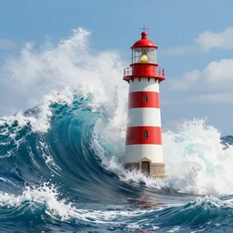 a lighthouse being struck by a huge wave out at sea, digital art, highly detailed, realistic, bright colors, 8 k