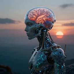 pike fish cyborg with a glowing brain, neural interface, glowing veins subsurface scattering, deep sea, sunset, portrait by gerald brom, by mikhail vrubel, by peter elson, muted colors, extreme detail, trending on artstation, 8 k