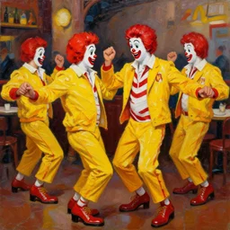 highly detailed painting of a group of ronald mcdonalds with red afros, white facepaint, red noses and yellow tracksuits salsa dancing at a spanish tapas restaurant by william turner, by greg rutkowski, by william constable, thick brush strokes and visible paint layers, 4 k resolution