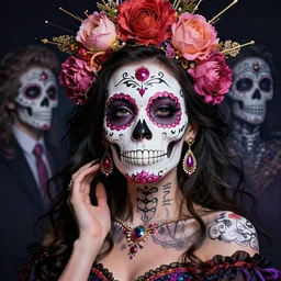 a gorgeous fancy skull lady by dan mumford and gil elvgren, hyperrealism, highly detailed, sugar skull, intricate details, beauty, attractive, glamorous, lovely