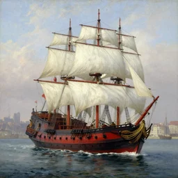 masterpiece painting of a a xix century city port with a single white sails and crimson hull, three mast brigantine pirate ship docked, by greg rutkowski and noah bradley, trending on artstation