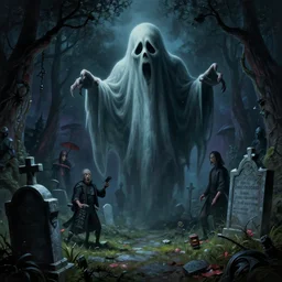 A dark and haunted graveyard with Big Evil ghost in the style of Keith Thompson, christopher bretz and kael ngu and Zdzislaw Beksinski, Artstation HD, 8k, Surrealistic digital artwork, highly detailed, digital painting, HDRI, vivid colors, high contrast, 8k resolution, intricate, photorealistic, smooth