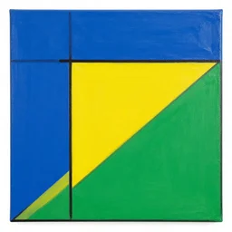 painting, rectangle and triangle shapes, in blue, in yellow, in green, divided by black lines