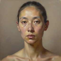 detailed portrait in femininity, ethnic, realistic face, sculpted features, thin and statuesque, mature, warm glow, radiant, bathed in light, chiaroscuro, specular highlights, painterly, natural color scheme, earthy tones, modern fashion, contemporary art, oil on canvas