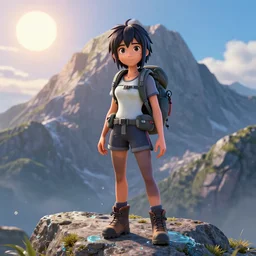 a 3 d film animation still portrait of a adventurer hiker girl atop a big mountain, finely detailed features, water, sun, gapmoe yandere grimdark, trending on pixiv fanbox, painted by bill presing, takashi takeuchi, pixar, gaston bussiere, craig mullins, artstation, pixv, ghibli, 3 d,