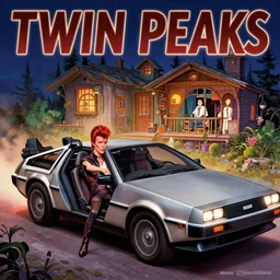 Twin Peaks poster artwork by Michael Whelan and Tomer Hanuka, Rendering of David Bowie getting out of Delorean next to cabin full of details, by Makoto Shinkai and thomas kinkade, Matte painting, trending on artstation and unreal engine