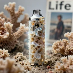 realistic product photo of a vape covered in shriveling dead semi - translucent iridescent coral reef, emitting aura, the lighter is designed by dieter rams, 1 9 6 0, life magazine photo, natural colors, metropolitan museum, kodak, 8 k, very detailed, high resolution, product photo,