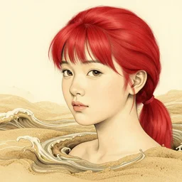 Extremely Detailed and Full Portrait scene of Gooey Ocean scene in ink and refined sand, Red head pigtail anime woman with Military gear. Wearing a Army vest full body smiling while eating a sloppy cheese burger. The cheeseburger is leaking red sauce all over the beach by Akihito Yoshitomi AND Yoji Shinkawa AND Greg Rutkowski, Mark Arian artstation, pixiv