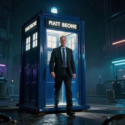 neon palette, Keir Starmer stepping out of the tardis, ridley scott universe, mysterious, ultrarealistic, cinematic lighting, 4k, wide angle, beksinski