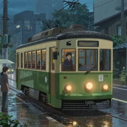 the tram, by makoto shinkai, the weather drizzly, moist, the movie the garden of words, 8 k, unreal engine