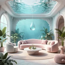a modern indoor room underwater surounded a hiper detailed inkdrop in water, clean architecture, pastel colored, baroque, a couch, a couch table, some fresh plants, intricate detailed 3 d render, elegant, intense colors, wide shot, octane render, photorealistic, daylight, peaceful, 8 k