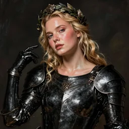 beautiful rugged sultry thick saoirse ronan, blonde hair, wearing black armour, posing seductive, looking seductively, ornate wreath, gleaming, blushing, sweating, oil painting by titian, hard focus, portrait