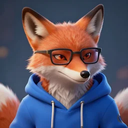 league of legends concept art anthropomorphic fox in blue hoodie, art by charles liu, geek glasses, head frontview shot, fantasy style, soft lighting, vibrant color scheme, ultra detailed, volumetric lighting, octane render, commission art, 8 k wallpaper