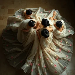 top angle view, wide lens of multiple asian female draped in flowery dress, dancing with each other, beautiful concept painting by caravaggio, ruan jia, jakub rebelka, artgerm, greg rutkowski, edgar maxence