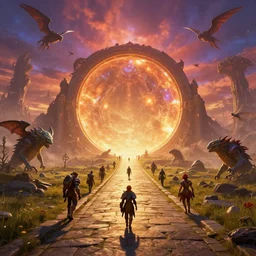 a straight stone pathway through a giant round glimmering portal, otherworldly creatures walking and flying, vast vibrant night sky!!!, high sci - fi fantasy lovecraftian monsters, cryengine 8 k render, environment character art by world of warcraft mass effect dnd overwatch dark souls, cinematic, warm color palette