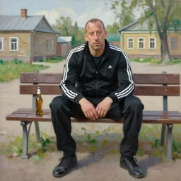 vin diesel in an black adidas suite sits on a bench with a bottle of beer in the courtyard of a provincial russian town, oil on canvas, naturalism q