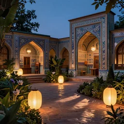 beautiful garden at twilight by Annie Swynnerton and Nicholas Roerich and jean delville, glowing paper lanterns, strong dramatic cinematic lighting , ornate tiled architecture, lost civilizations, smooth, sharp focus, extremely detailed