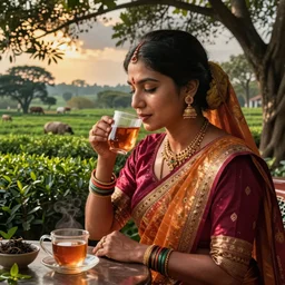 A female assamese drinking Assam tea with Kaziranga tea garden background by Artgerm and greg rutkowski and alphonse mucha