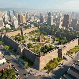 hyperrealistic digital art of city from the year 2 0 5 0 with an ancient wall surrounding it