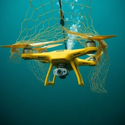 yellow underwater drone trapped in a net