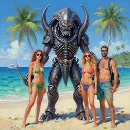 portrait of tyranid on vacation on caribbean island. intricate painting by ross tran, magali villeneuve, and jeremy mann.