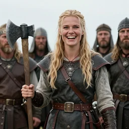 an ultradetailed picture of blonde viking woman holding a battleax, laughing with a group of men, 1 9 8 0 s rom com style, viewed from behind and above, intricate, elegant, illustration, digital painting, burning village in the background, 8 k, fine detail, art by greg rutkowski, frank frazetta, jack kirby, albert aublet, frank herbert, and alphonse mucha