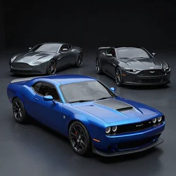 a muscle car based on nissan, aston martin and chevy sports car body styles, nissan sports cars, chevy sports cars, aston martin, blue and black paint, trending on artstation, unreal engine, studio lighting, hyper realistic, by jotaautomotive, nancorocks and khyzylsaleem