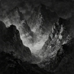 digital and traditional art painting of ethereal plane with deep mountainside, black and white, sharp, muted hint of colour, ultra detail, hard textured, by caestrad, dark background, unsettling, mystic, perfect lighting, high contrast, arstation, chris cold, artgerm, golden ratio, hard blacks, lightrays