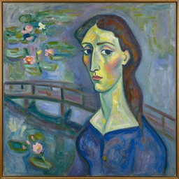 monet's water lily bridge done in the style of picasso's portrait of henry david kahnweiler, high quality abstract paining