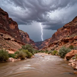 photo of canyon de chelly during thunderstorm. the foreground and river are brightly lit by sun, and the background clouds are dark and foreboding. kodak portra 4 0 0,
