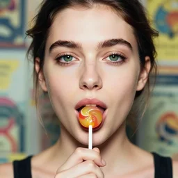 centered detailed portrait of beautiful intimate Clara Morgane, green eyes, suck a lollipop, background random