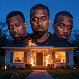 A photo of Kanye West setting fire to a house, 8K concept art, blue hour, perfect faces, vivid, dark, menacing