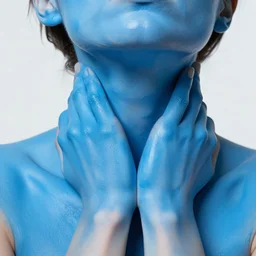hands wrapped tight around neck, glossy blue paint